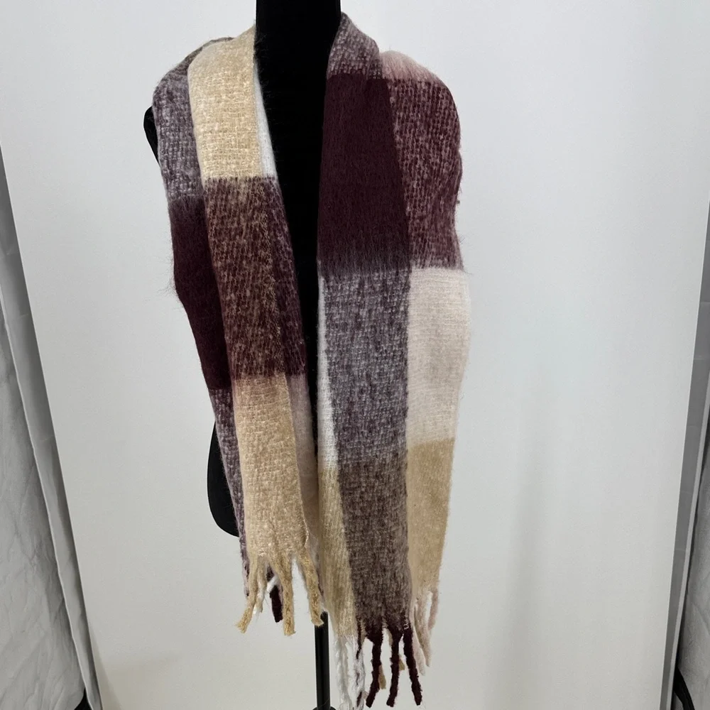 Lucky Brand Plaid Scarf in Burgundy, Cream, and Tan